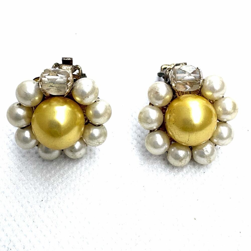 Vintage Faux Pearl Flower Clip On Earrings Japan Rhinestone Statement Mcm